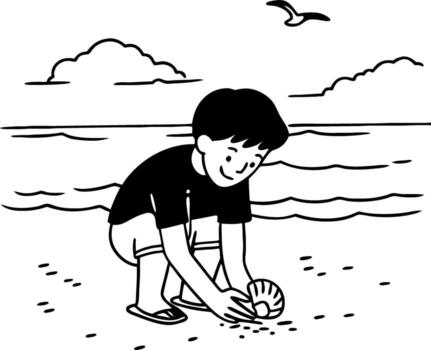 Child Collecting Seashells on Beach with Gentle Waves and Calm Seaside Atmosphere vector