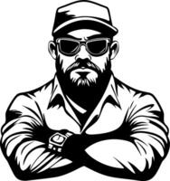 Bold Bearded Man in Sunglasses and Cap with Arms Crossed Ideal for Tattoo Design and Graphics vector