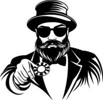 Stylish Gambling Man in Top Hat and Sunglasses Holding Poker Chip for Casino Theme Designs vector