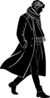 Stylish Man Walking in Long Coat and Scarf Fashionable Autumn Illustration for Design Projects vector