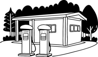 Vintage Gas Station with Fuel Pumps Surrounded by Trees Ideal for Coloring Books and Illustrations vector