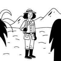 Curly Haired Explorer Standing in a Tropical Landscape with Mountains and Palm Trees vector