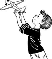 Boy Holding Toy Airplane in Joyful Playful Pose Perfect for Kids Activities and Illustrations vector