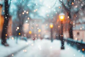 A dreamy winter scene with softly falling snowflakes, blurred street lights glowing warmly in the background, and a snow-covered pathway lined with trees. photo