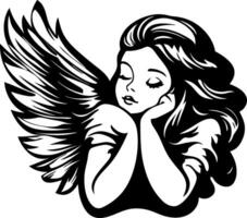 Serene Angelic Girl with Flowing Hair and Elegant Wings in Black Silhouette Style vector