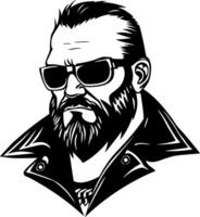 Stylish Barber with Beard and Sunglasses in Leather Jacket for Tattoo Design and Coloring Book vector