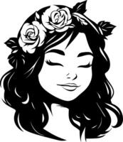 Beautiful Woman with Floral Headband and Flowing Hair Ideal for Tattoo and Coloring Book Design vector