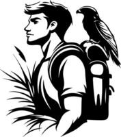 Adventurous Hiker with Backpack and Bird of Prey in Nature Inspired Design vector