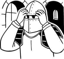 Knight in Armor Adjusting Helmet for Medieval Historical Illustration and Tattoo Design vector