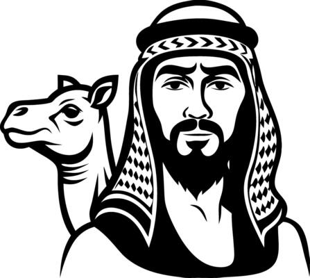 Detailed Black and White Illustration of a Desert Nomad with Camel Companion