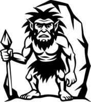 Fierce Caveman Character with Spear in Front of Rock Wall for Unique Tattoo or Cartoon Design vector