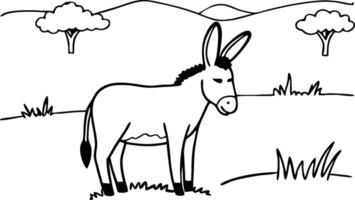 Donkey in a Scenic Landscape with Hills and Trees Ideal for Coloring Books and Tattoos vector