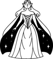 Elegant Enchantress in Flowing Gown with Celestial Cape for Fantasy Art and Coloring Projects vector
