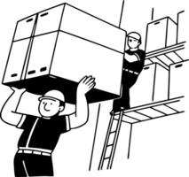Warehouse Workers Lifting Boxes and Organizing Shelves for Efficient Storage Solutions vector
