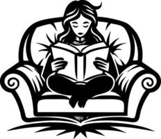 Cozy Reading Girl on Sofa with Open Book in Minimalist Style Perfect for Home Decor and Gifts vector
