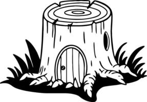 Whimsical Tree Stump House Design with Door and Grass for Illustrations and Coloring Books vector
