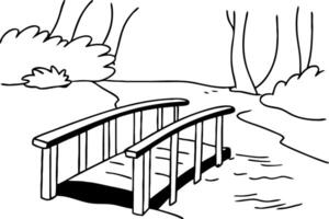 Charming Wooden Bridge Crossing Tranquil Stream in Serene Forest Setting for Nature Lovers vector