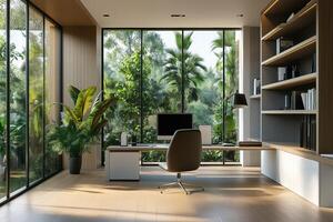 Modern home office with large windows and wooden floors photo