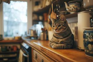 A cat sitting on a counter top photo