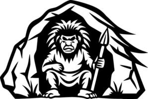 Cave Dweller Holding Spear Fierce Primitive Man Illustration for Tattoo and Coloring Book Design vector