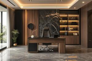 Modern office with marble flooring and wood paneling photo