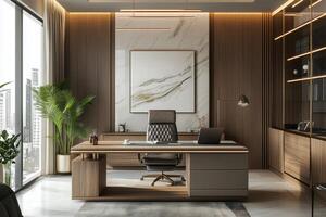 Modern office with wooden walls and a large desk photo