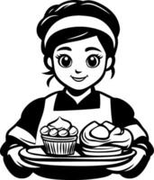 Happy Baker Holding Dessert Tray with Cupcakes and Pastries in Cartoon Style vector