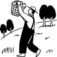 Farmer Carrying Basket of Apples in Fields with Trees and Rolling Hills vector