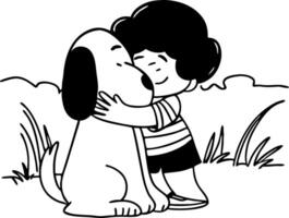 Child Hugging Dog in Happy Friendship Scene Ideal for Coloring Books and Family Illustrations vector