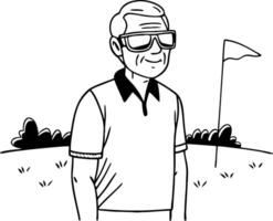 Vintage Golfer Character Smiling in Sunglasses on Golf Course with Flag and Grass vector