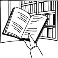 Open Book with Hand and Bookshelf Background Illustrating Reading and Knowledge vector