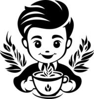 Cheerful Boy Holding Coffee Cup with Leaves Graphic for Cafes and Coloring Books vector