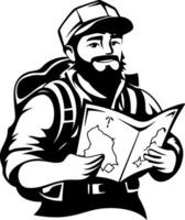 Adventurous Bearded Explorer Holding Map in Hiking Gear vector