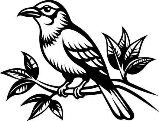 Detailed Blackbird Illustration on Branch with Leaves for Tattoo and Design Inspiration