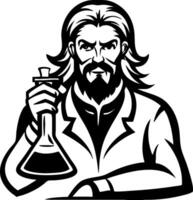 Powerful Scientist Holding Flask Lab Experiment Black and White Illustration vector