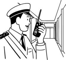 Security Officer Communicating with Walkie Talkie in a Hallway for Emergency Preparedness vector