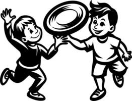 Two Happy Boys Playing with a Frisbee Ideal for Childrens Illustrations and Designs vector