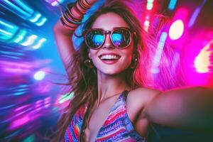 A woman in sunglasses and a colorful dress is dancing in front of a neon light background photo