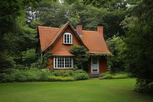A small house in the middle of a lush green field photo