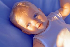 A baby laying on a blue blanket photo