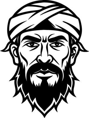 Masculine Warrior Portrait with Turban and Beard Ideal for Tattoo Design and Graphic Use