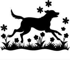 Playful Dog Silhouette Running Through Flowers with Grass for Unique Home Decor or Pet Projects vector