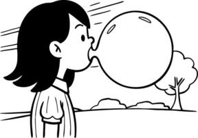 Girl Blowing Bubble Gum in Nature Simple Outline Illustration for Kids Coloring Books and Tattoos vector