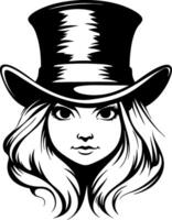 Vintage Top Hat Girl Portrait Black and White Line Art Ideal for Tattoo Designs and Crafts vector
