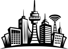 Stylized Cityscape Graphic with Skyscrapers and Communication Towers for Modern Design Projects vector