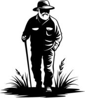 Senior Man Walking with Cane Through Tall Grass Vintage Style Illustration vector