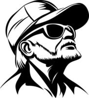 Stylized Portrait of Man with Cap and Sunglasses in Black and White Creative Illustration vector