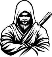 Mystical Ninja with Sword in Hooded Robe Symbolizing Strength and Stealth for Tattoo Design vector