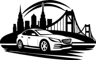 Stylish Car Silhouette withic Skyline and Bridge for Urban Lifestyle and Travel Themes vector