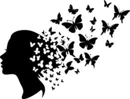Silhouette of Girls Profile with Flowing Butterflies Symbolizing Freedom and Transformation vector